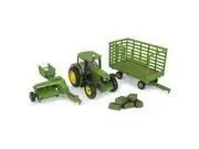 John Deere 6210r Tractor Baling Set With Baler, Wagon, And Bales - 1 64 Scale