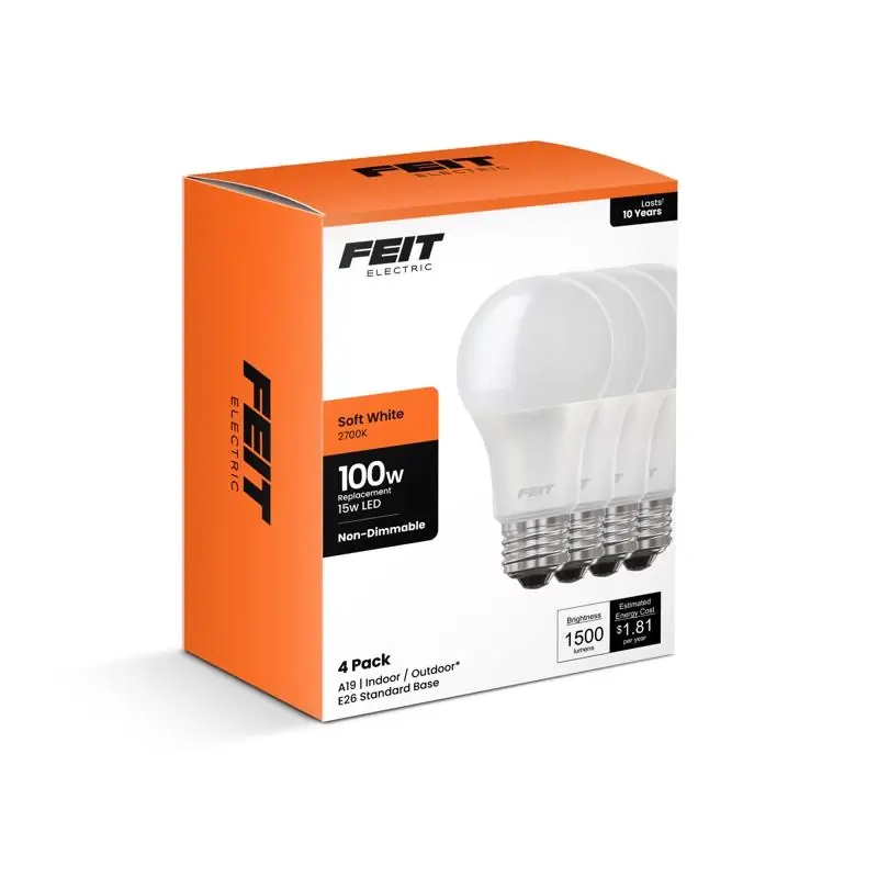 Feit A19 E26 (medium) Led Bulb Soft White 100 Watt Equivalence 4 Pk