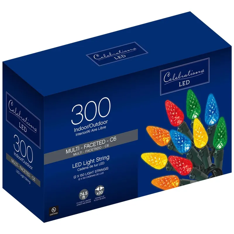 Blue Led C6 Multicolored 300 Ct String Christmas Lights 74.5 Ft.
