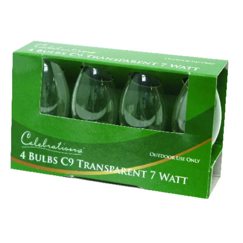 Incandescent C9 Clear 4 Ct Replacement Christmas Light Bulbs 0.08 Ft.