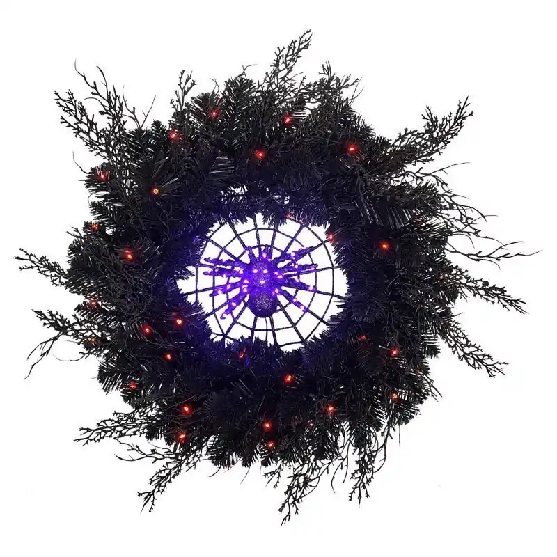 24 In. Led Prelit Black Spider Wreath With Orange/purple Lights