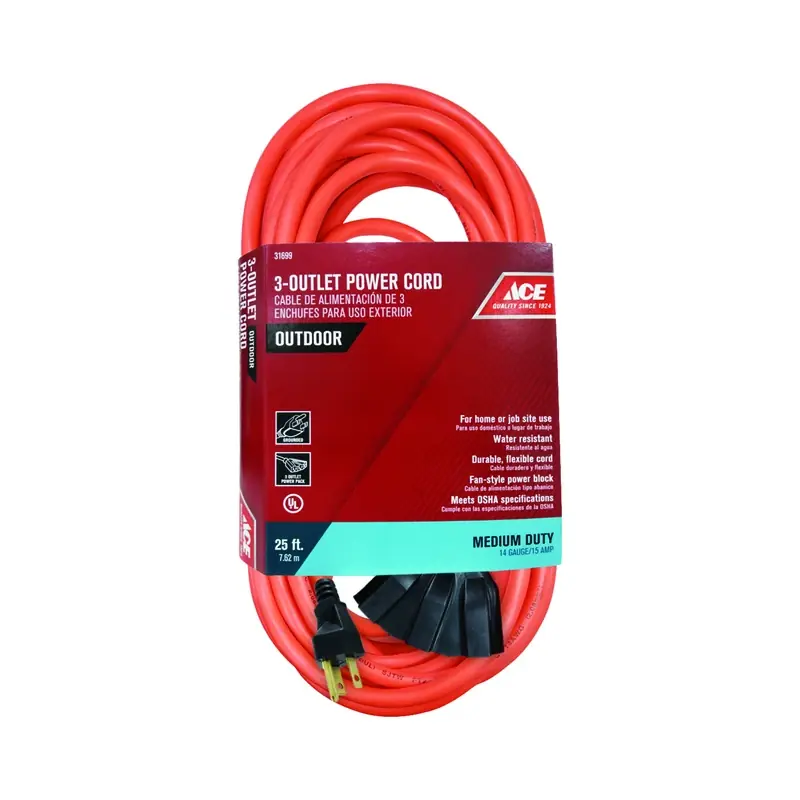 25 Ft. L Orange Triple Outlet Cord 14/3 Sjtw For Indoor And Outdoor Use