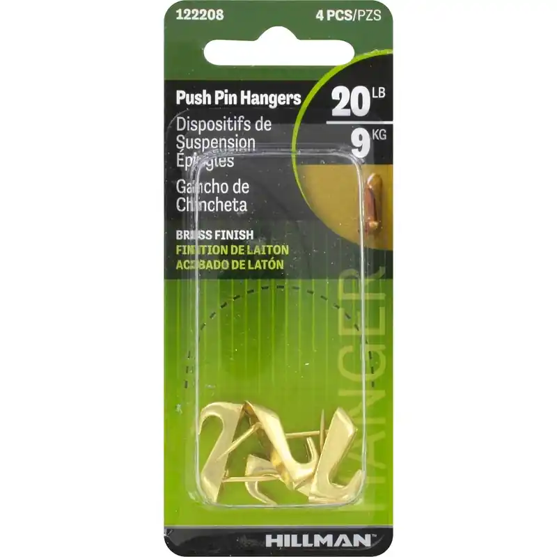 Brass-plated Gold Push Pin Picture Hanger 20 Lb 4 Pk