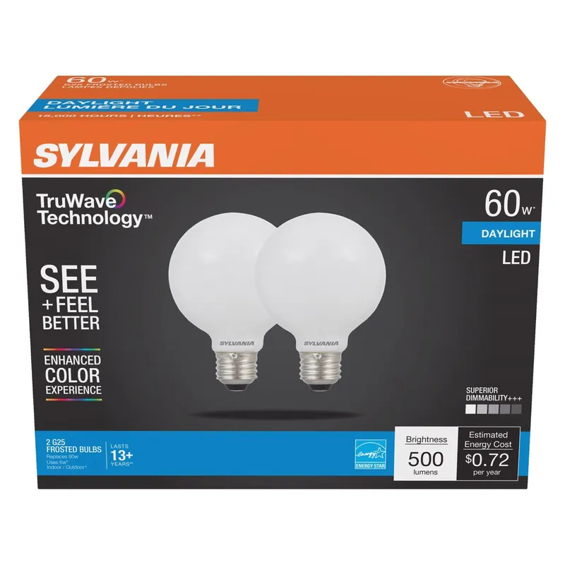 Truwave G25 E26 (medium) Led Bulb Daylight 60 Watt Equivalence 2 Pk