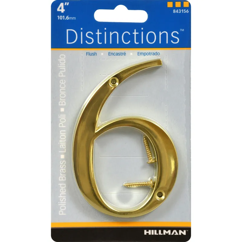Distinctions House Address Number 6, Screw-in, Polished Brass, 4-in.