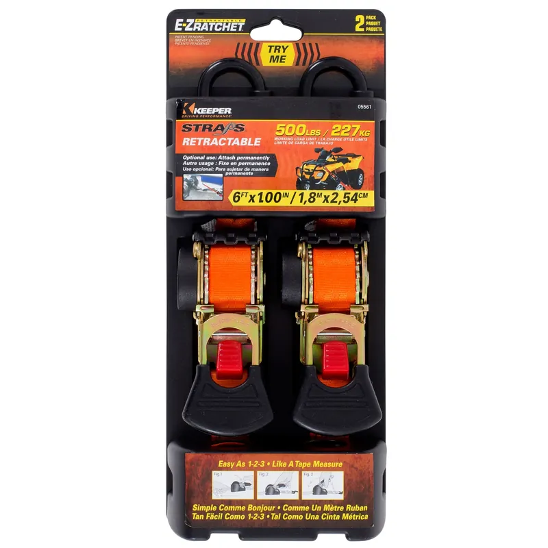 1 In. W X 6 Ft. L Orange Retractable Tie Down Strap 500 Lb 2 Pk