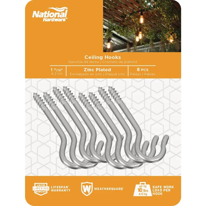 Small Zinc-plated Silver Steel 1-11/16 In. L Ceiling Hook 8 Pk