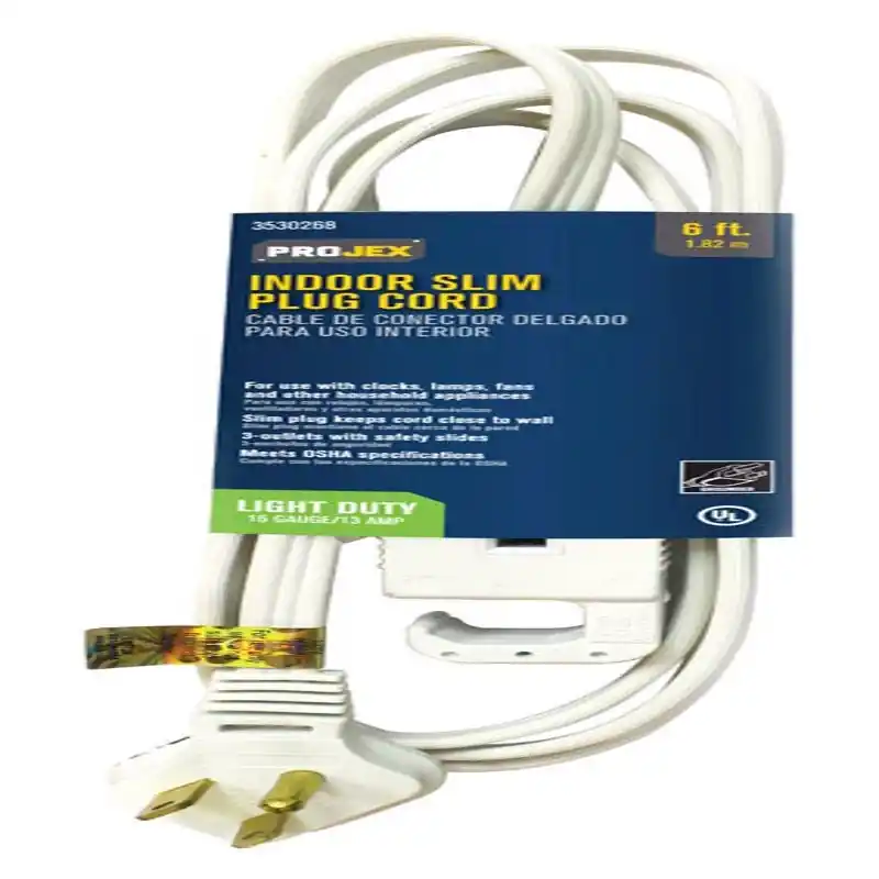 Indoor 6 Ft. White Slim Plug Cord 16/3 Spt-2 With 3 Outlets