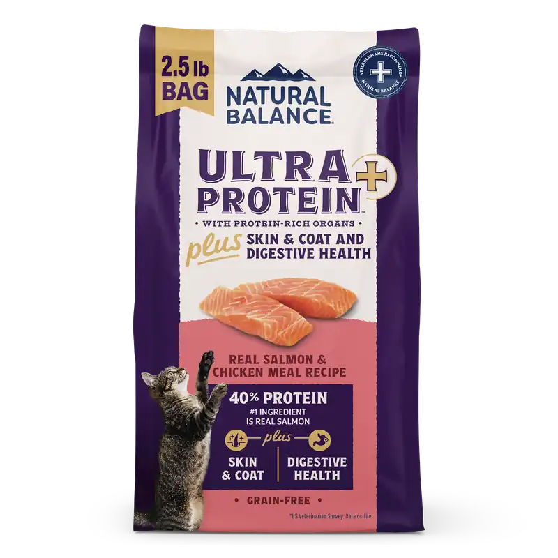 Natural Balance Ultra Protein Plus Dry Cat Food, Skin & Coat And Digestive Health, Real Salmon & Chicken Meal Recipe, 2.5 Lbs.