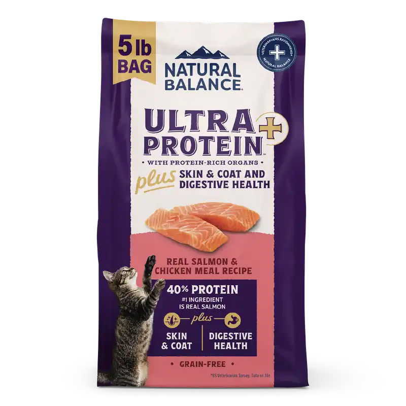 Natural Balance Ultra Protein Plus Dry Cat Food, Skin & Coat And Digestive Health, Real Salmon & Chicken Meal Recipe, 5 Lbs.