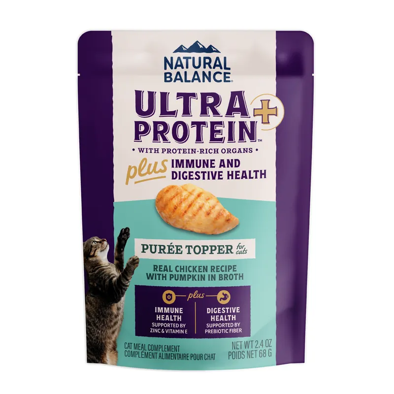 Natural Balance Ultra Protein Plus Wet Cat Food, Immune And Digestive Health Real Chicken With Pumpkin Recipe Puree Topper, 2.4 Oz.