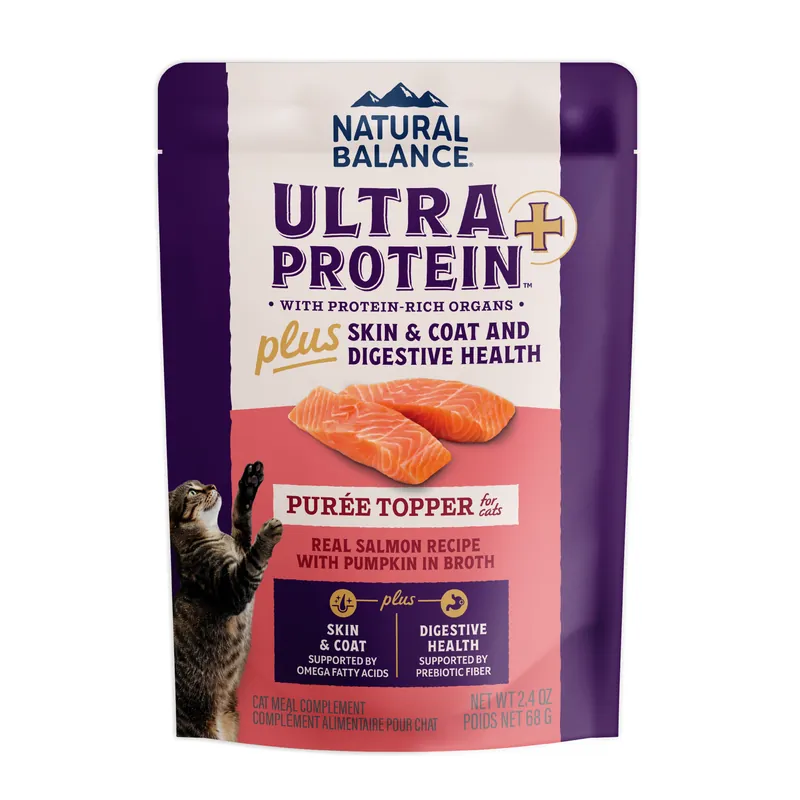 Natural Balance Ultra Protein Plus Wet Cat Food, Skin & Coat And Digestive Health Real Salmon With Pumpkin Recipe Puree Topper, 2.4 Oz.