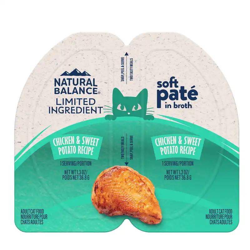 Natural Balance Limited Ingredient Split Cup Wet Cat Food, Chicken & Sweet Potato Recipe Soft Pate In Broth, 2.6 Oz.