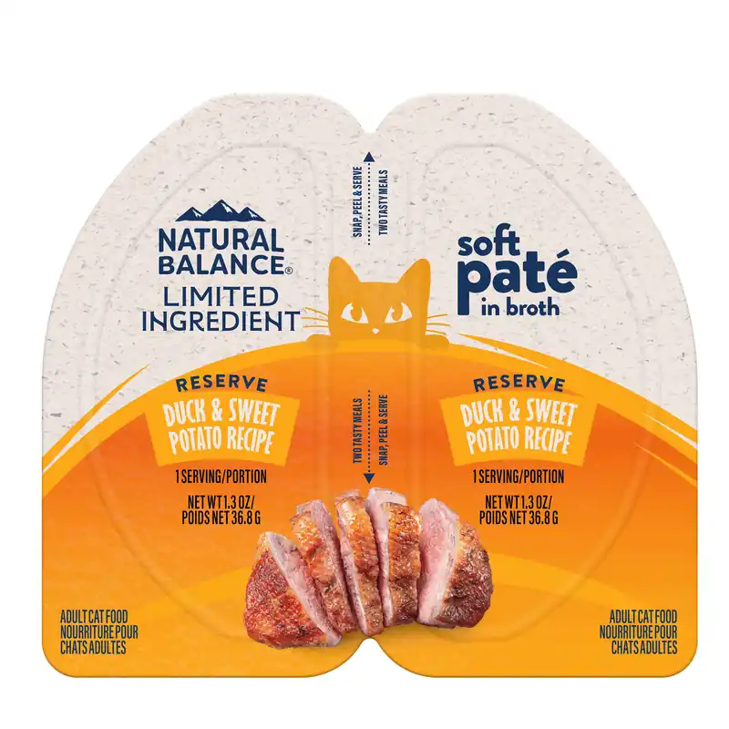 Natural Balance Limited Ingredient Reserve Split Cup Wet Cat Food, Duck & Sweet Potato Recipe Soft Pate In Broth, 2.6 Oz.