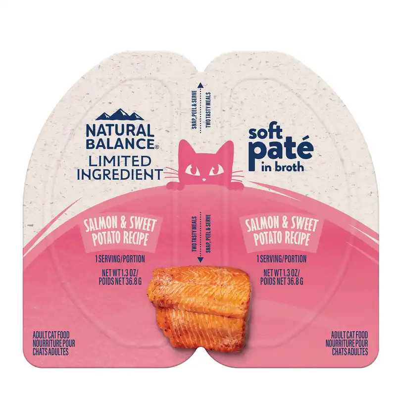Natural Balance Limited Ingredient Split Cup Wet Cat Food, Salmon & Sweet Potato Recipe Soft Pate In Broth, 2.6 Oz.