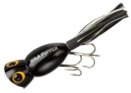 Hula Popper Fishing Lure 2 Inch 0.37 Oz Black With Black/white Skirt