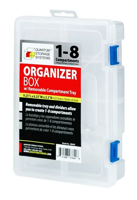Clear Adjustable Compartment Storage Box, 9.25" X 6.25" X 2.5", Model Qb600