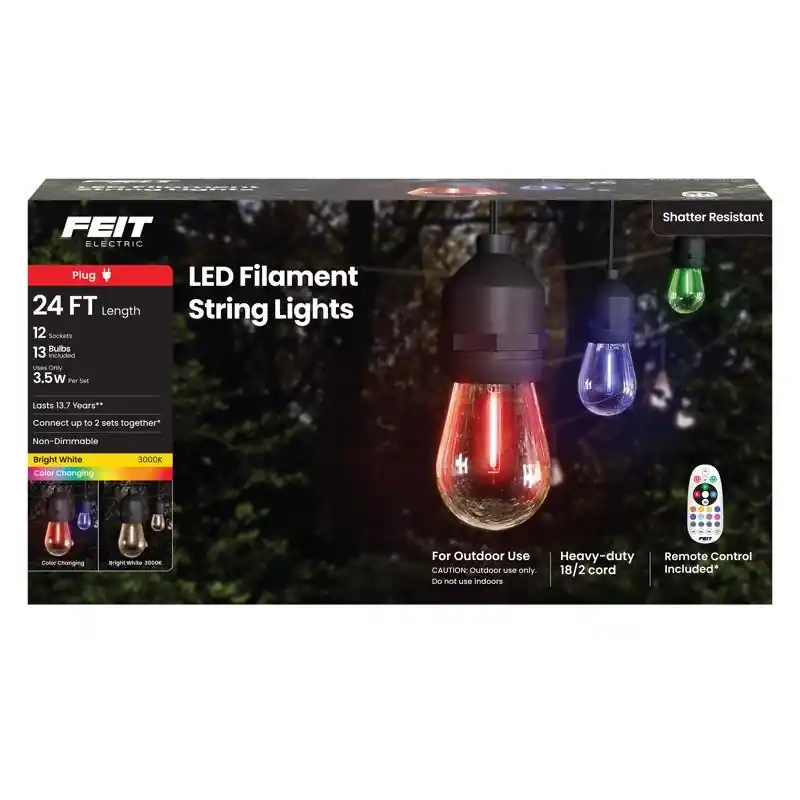 Led Color-changing Patio String Lights, Remote Control, 12 Sockets, 13 Bulbs, 24 Ft.