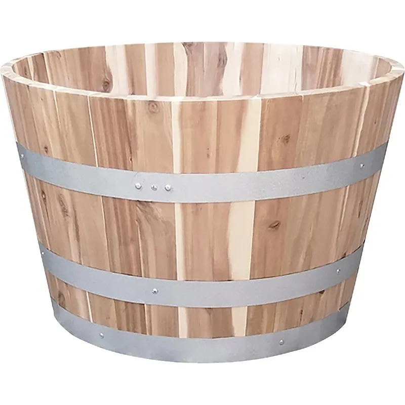 Barrel Wood Planter, Natural Acacia