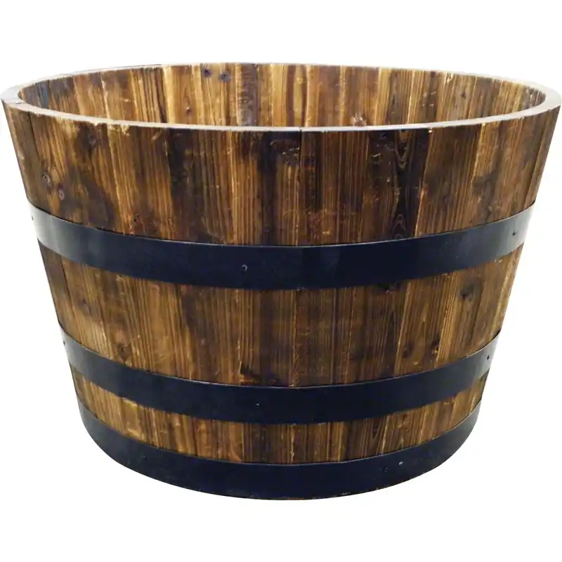 16 In. H X 24.8 In. W X 26 In. D Wood Half Whiskey Barrel Planter Brown