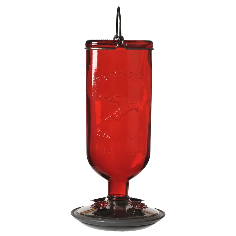 Antique Bottle Glass Hummingbird Feeder, Red