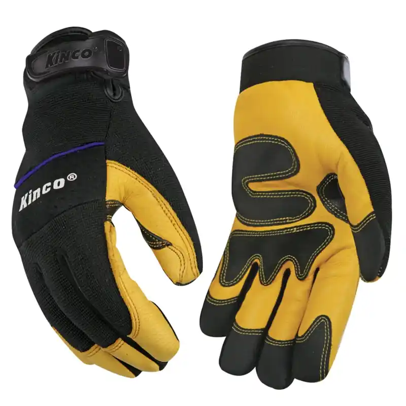 Goatskin Leather Driving Gloves, Thermal Lined, Black/yellow, Men‘s L