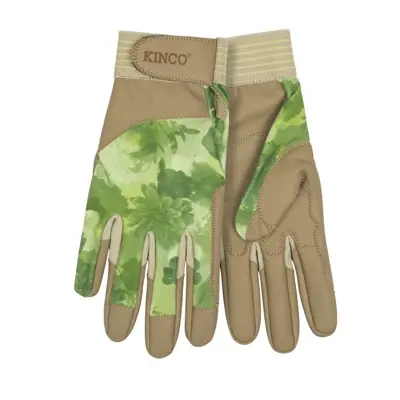 Pro Work Gloves, Synthetic Leather Palm, Green Print Poly/lycra Back, Women‘s S