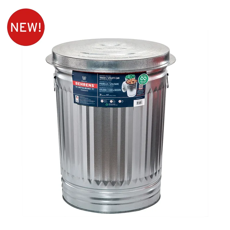 Galvanized Steel Trash Can, 31 Gallons