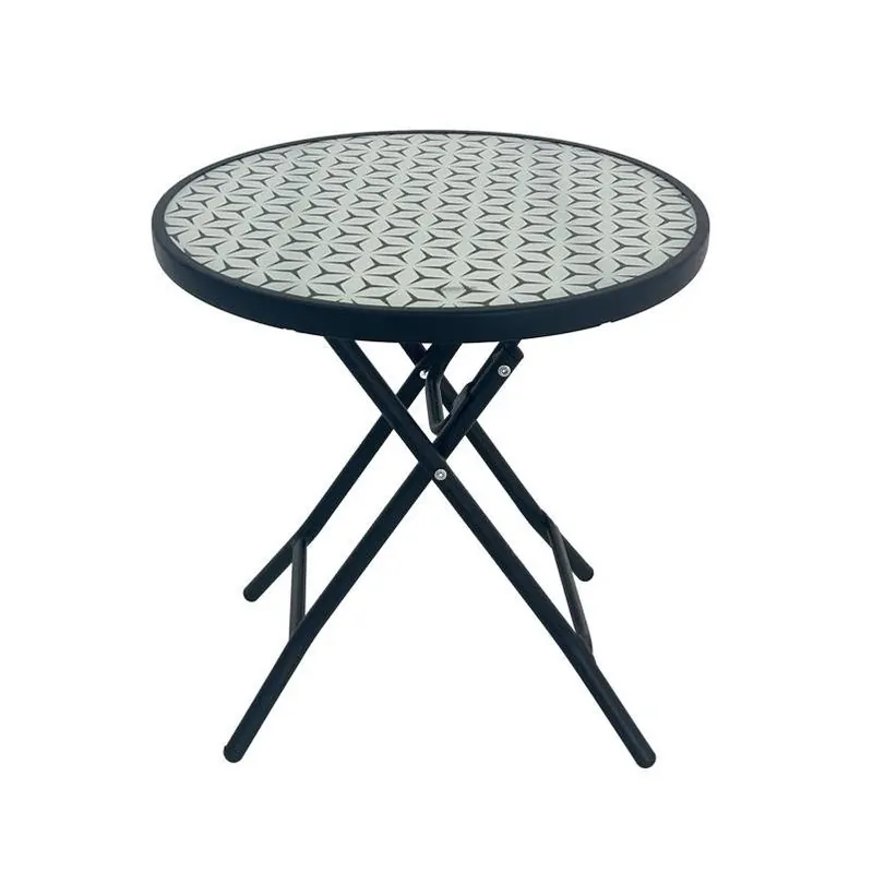 Black Round Folding Glass Side Table – Compact Steel Frame, Weather‑resistant