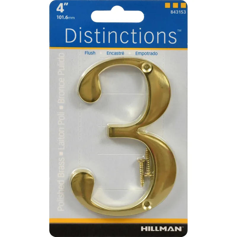 Distinctions House Address Number 3, Screw-in, Polished Brass, 4-in.