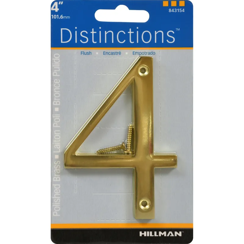 Distinctions House Address Number 4, Screw-in, Polished Brass, 4-in.
