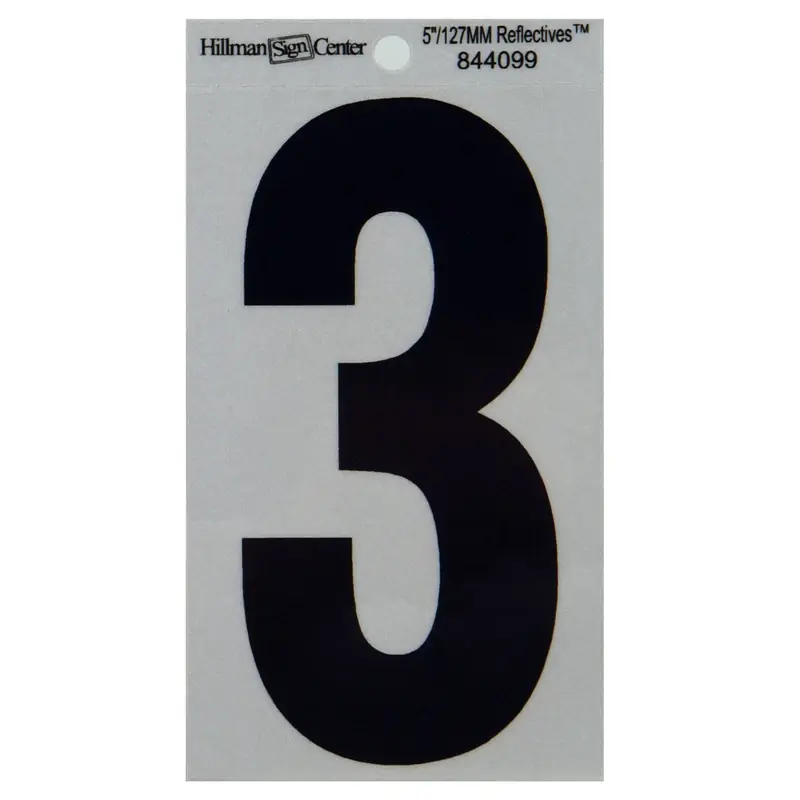 Adhesive House Address Number 3, Reflective Vinyl, Black And Silver, 5-in.