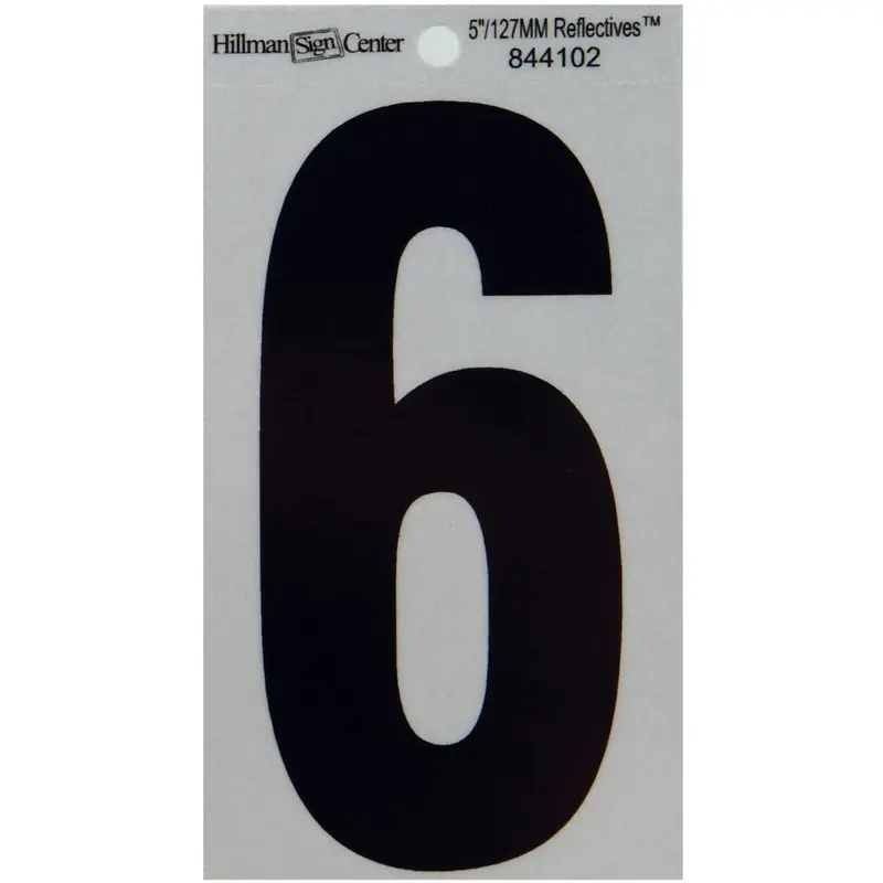 Adhesive House Address Number 6, Reflective Vinyl, Black And Silver, 5-in.