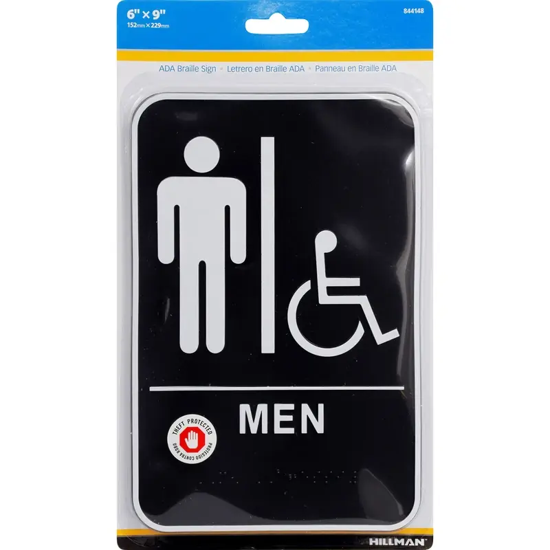 9 In. H X 6 In. W Black Plastic Men‘s Handicapped Restroom Sign With Braille