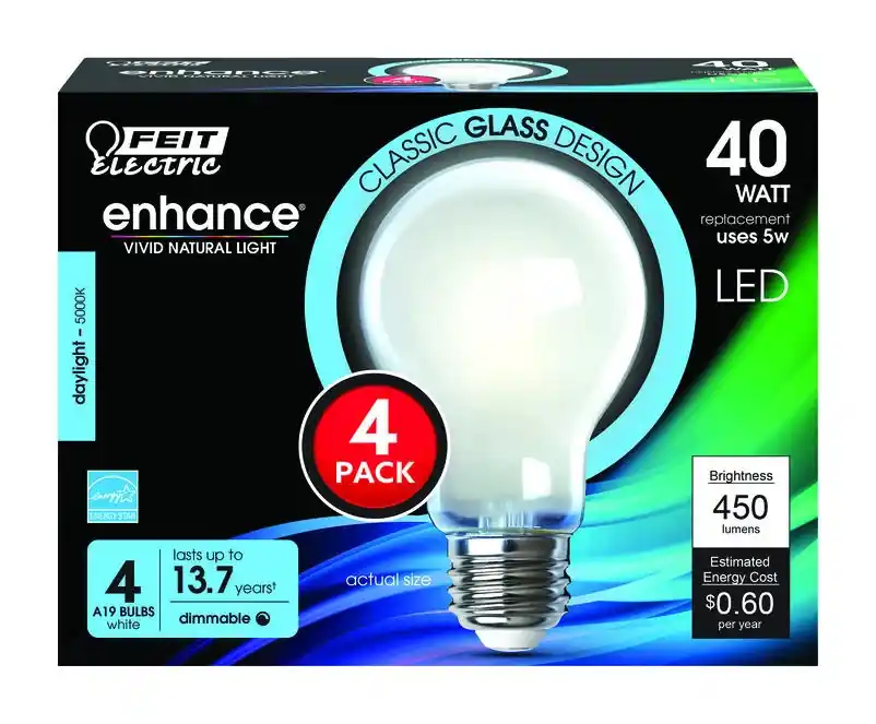 Enhance 4‑pack A19 Daylight Led Bulb – 5w (40w Equivalent), Dimmable, 5000k, 15000‑hour Life