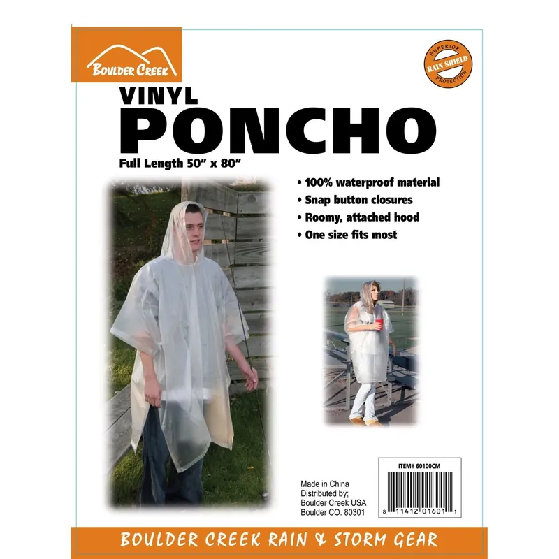 Clear Vinyl Rain Poncho - One Size Fits All, Model 60100cm