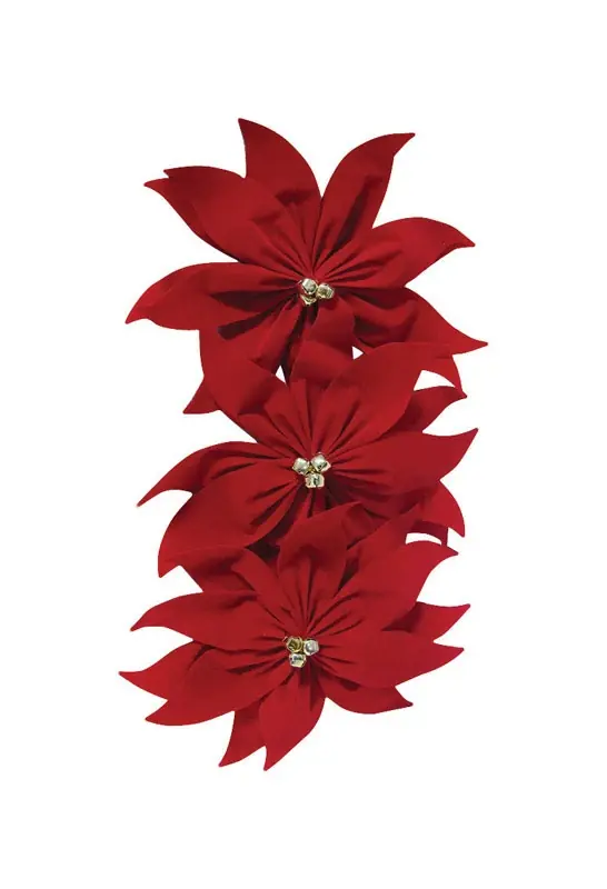 Impact Innovations Fabric Poinsettia With Jingle Bells Ornament Red Fabric 3 Pk