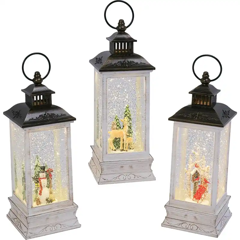 11 Inch High Battery Operated Lighted Spinning Water Lantern With Holiday Scene