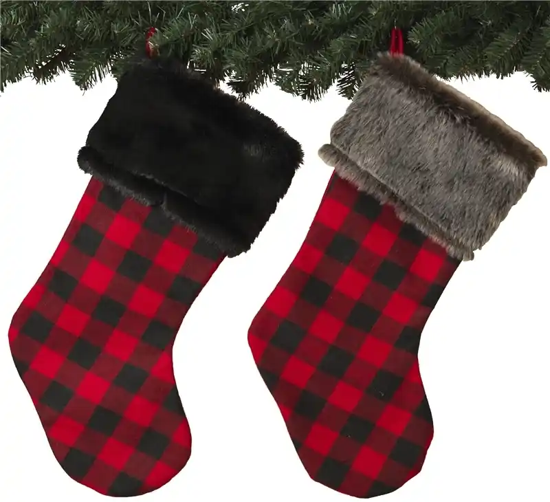 23 In. Faux Fur Trimmed Buffalo Plaid Christmas Stockings Set Of 4