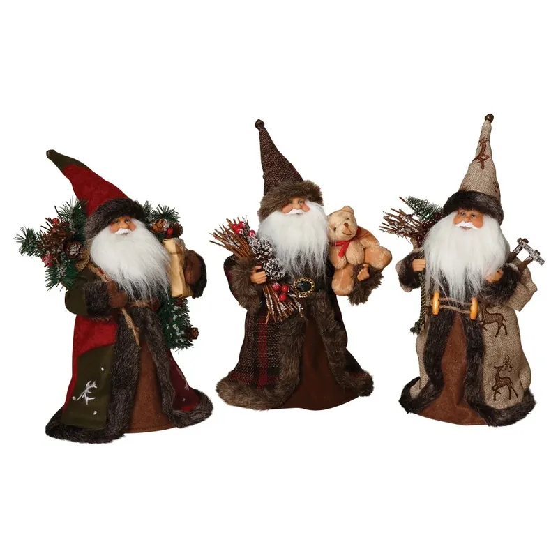 Set Of 3 Assorted 12 In. Woodland Cone Santas With Bear And Sack