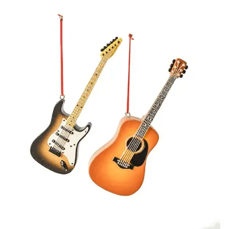 Acoustic And Bass Guitars Christmas Holiday Ornaments Set Of 2