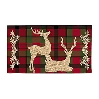Tartan Reindeer Indoor Outdoor Natural Coir Doormat 1‘4" X 2‘4" Red