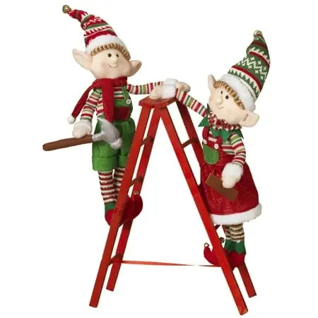 2-piece Plush Standing Holiday Elf Figurines Climbing On Ladder Set For Festive Decor
