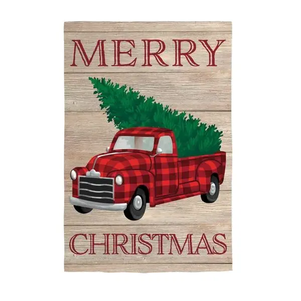 Holiday Plaid Truck Garden Linen Flag For Festive Outdoor Decor