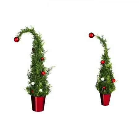 Holiday Tree Set With Ornaments In Red Metal Pot, 2 Pieces