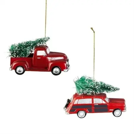 Red Polystone Truck And Station Wagon Ornament Set, 2 Assorted Designs