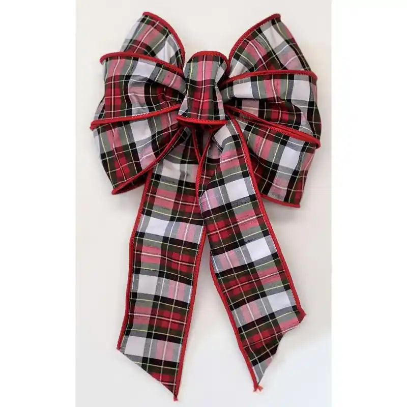 Black/red/white 7 Loop Plaid Christmas Bow 14 In. Decorative Accent