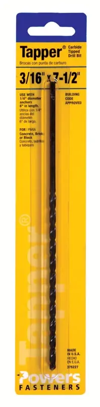 Tapper 3/16 In. X 7-1/2 In. L Carbide Tipped Drill Bit Straight Shank