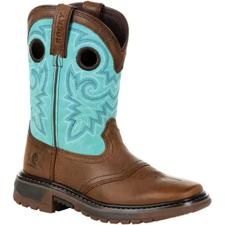Children‘s Rocky 8" Ride Flx Western Boot Rkw0299y Big Kid Saddle Brown/teal Leather 6 M