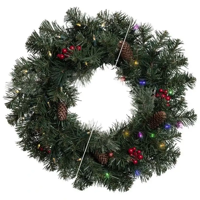 24‑inch Mixed Pine Led Rechargeable Wreath – Multicolor & Warm White Lights
